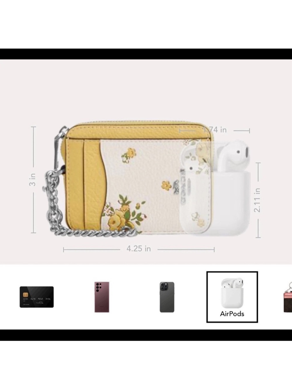 NWT 🌼 Coach Yellow & Chalk White Floral Zip Card Case with Chain 🌼 - Picture 4 of 6